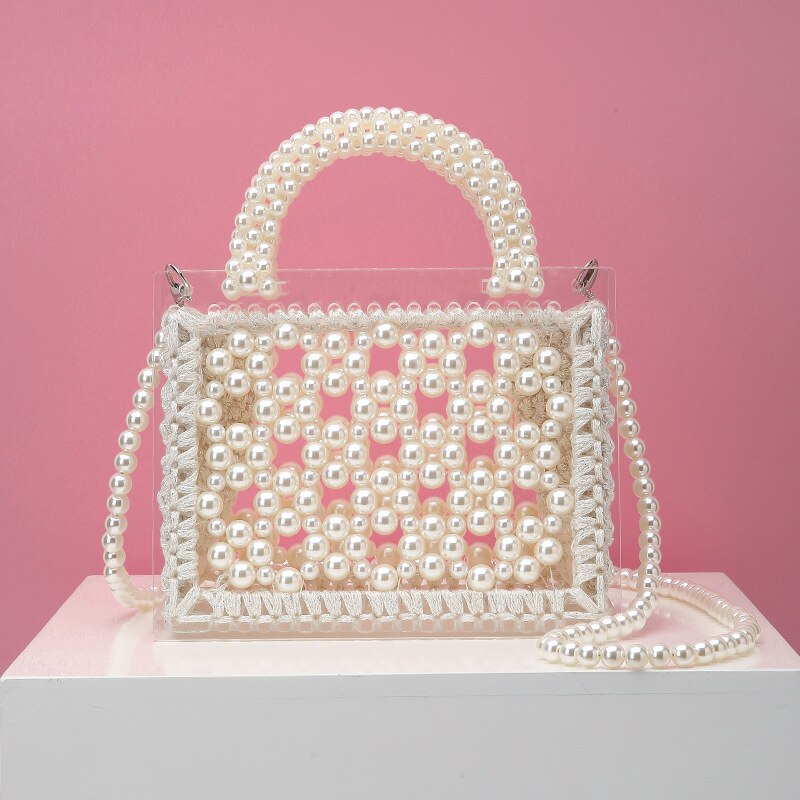 Luksus akryl perle aften clutch tasker kvinder håndlavede perler klare punge og håndtasker dame vævet skulder taske bryllupsfest: Model b beige