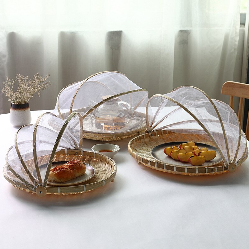 Handgemaakte bamboe rieten mand met gaas, insectenwerend, stofdicht, picknick fruitschaal, broodmandhoes, bakkerij opbergdoos