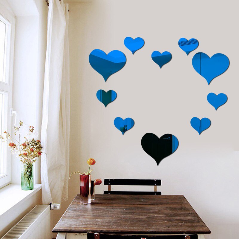 Espejo acrílico de corazón de amor para pared, Adhesivo de pared, empolvable, arte de sala de estar, decoración del hogar, 10 Uds.: blue