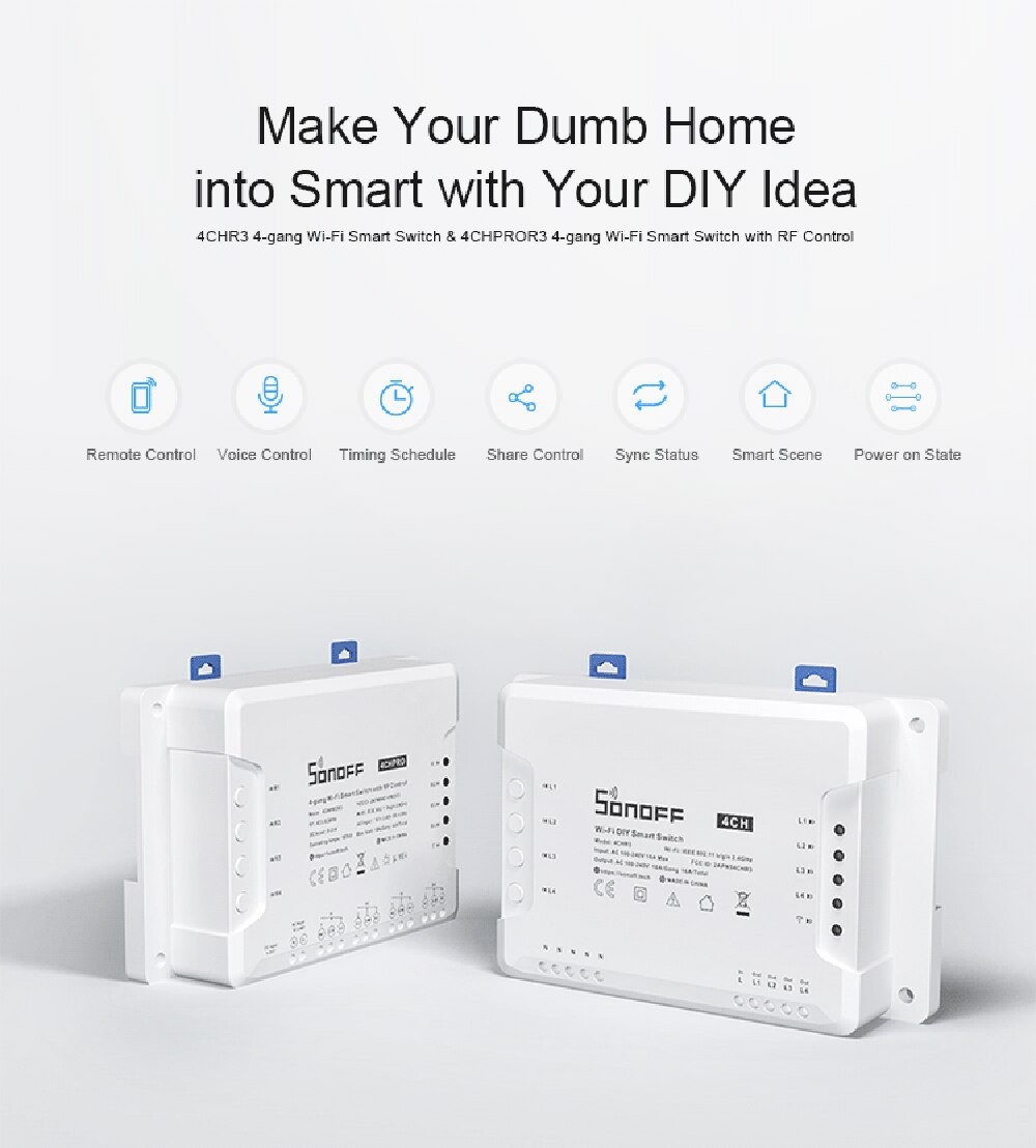 Sonoff 4CH PRO R3 Smart Switch 4 Gang 3 Working Modes Inching Interlock Wifi Remote Control Smart Switch for Home Appliances