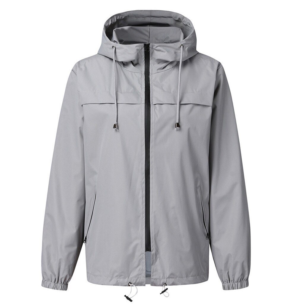 Jaquetas femininas chuva sólida ao ar livre impermeável com capuz capa de chuva à prova de vento jaqueta casacos casuais com zíper casacos casaco outwear: Gray / XXL