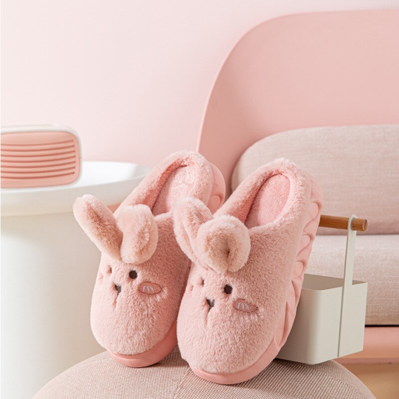 Winter Vrouwen Thuis Katoen Slippers Indoor Gezellige Zachte Glijbanen Schattige Konijn Oor Platform Schoenen Cartoon Bunny Antislip slippers
