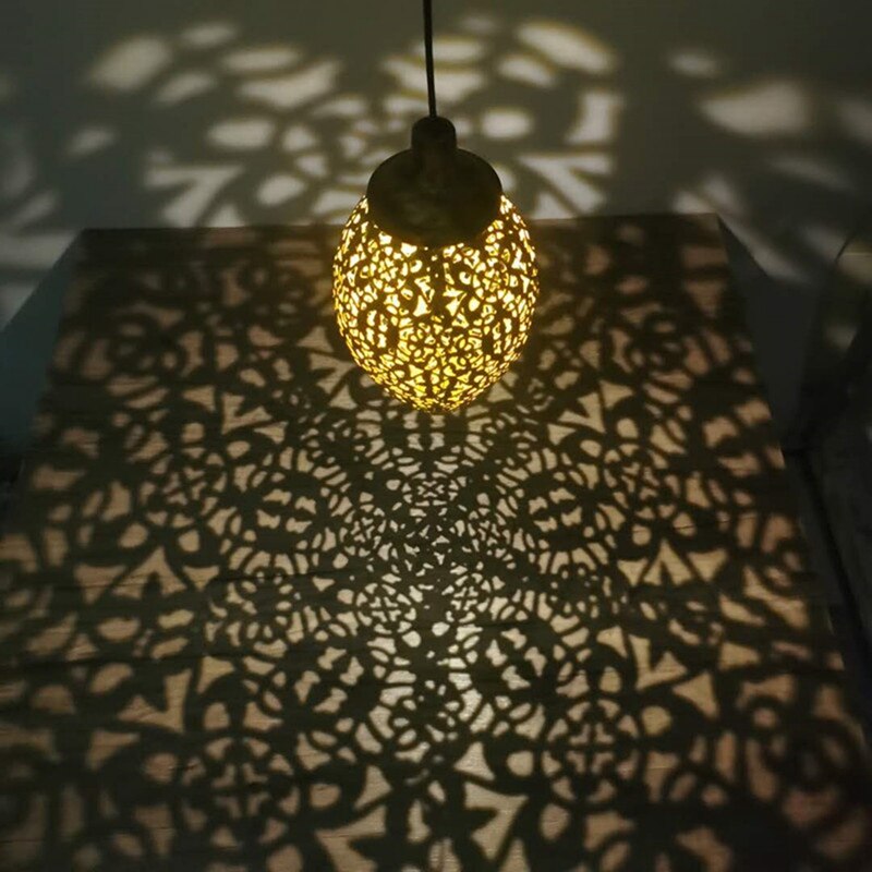 Solar Powered LED Moroccan Hanging Lantern Retro Moroccan Pattern Projection Lamp Outdoor Garden Decor Fairy Light Kit