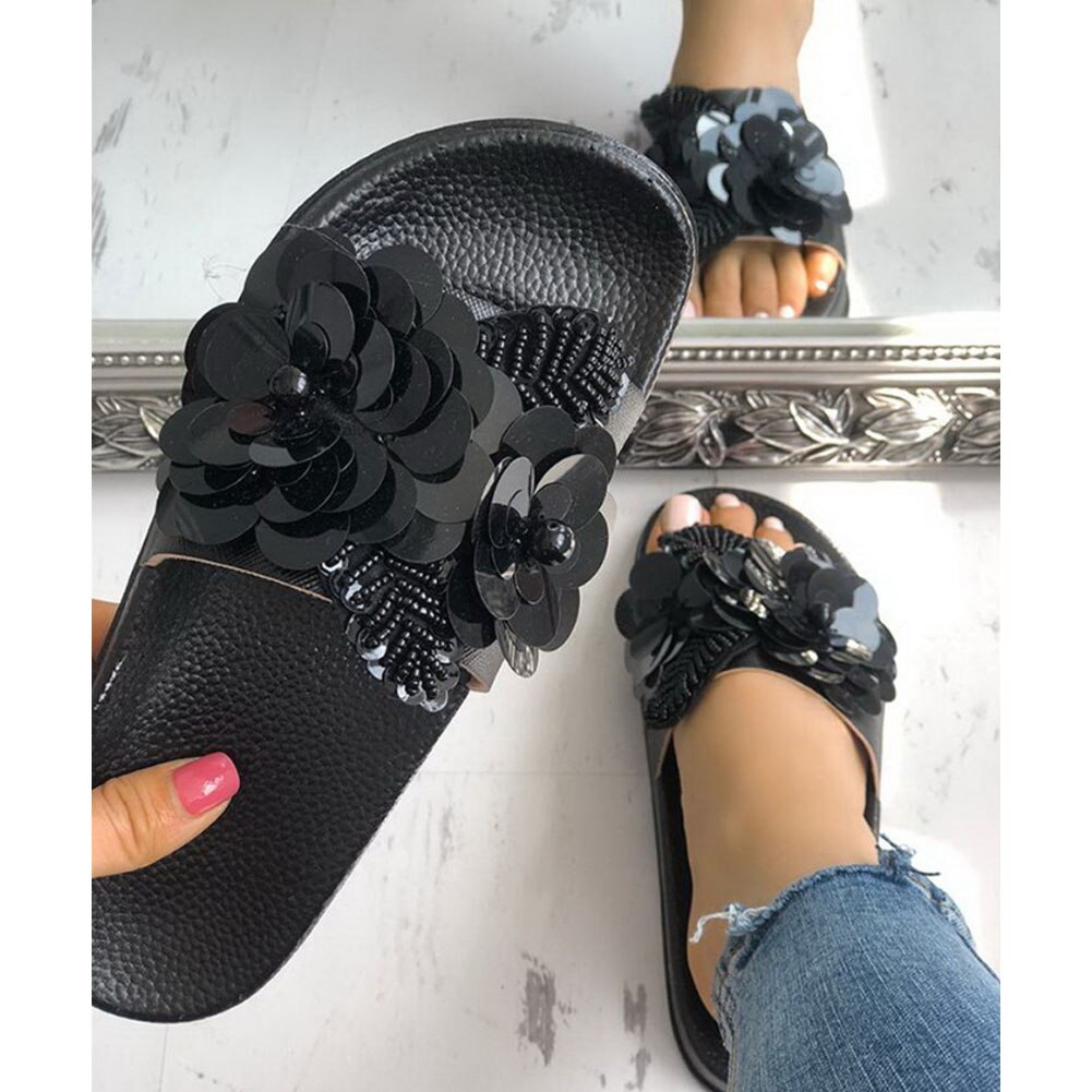 Karinluna slip on sommartofflor kvinna skor bekväma platta klackar ins tofflor hona: Svart / 6