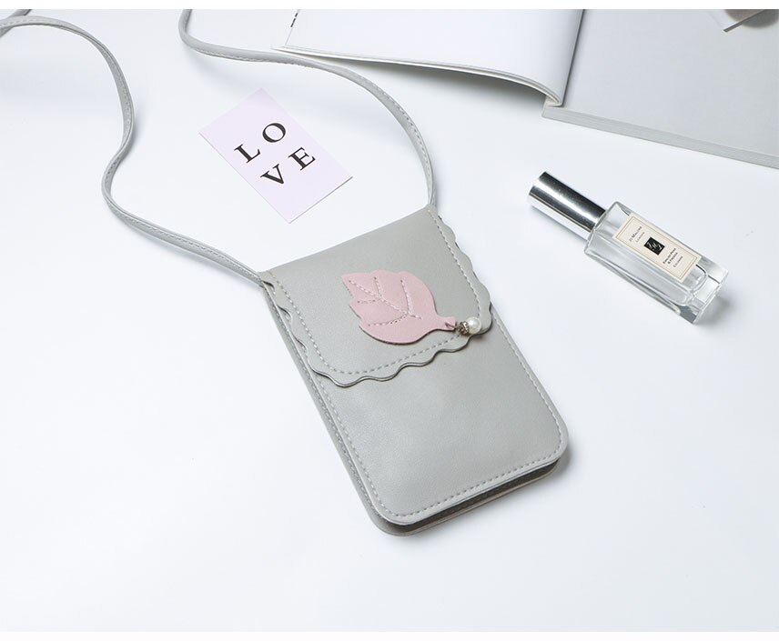 Bolso rosa del teléfono de la hoja de la manera para Samsung/iPhone/Huawei/HTC/LG Modelo de la caja del teléfono móvil bolso de hombro de la cubierta de cuero monedero: Gray