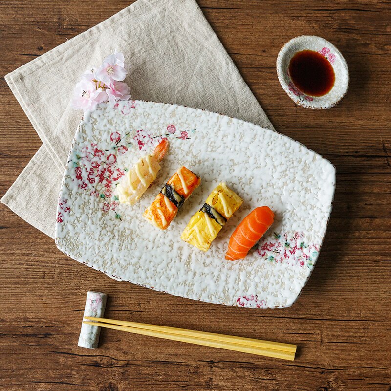 Japanska zakka stil keramiska servis tallrikar små rosa blommor tryckt under glaserade kinesiska porslin middag tallrik porslin