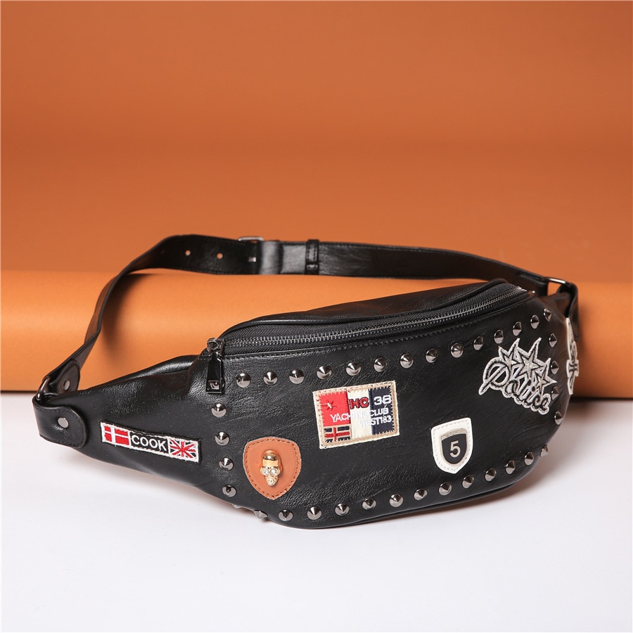 Popular sacos crossbody homem designer masculino couro do plutônio rebite decoração sacos de peito moda rock punk impressão masculino cintura saco