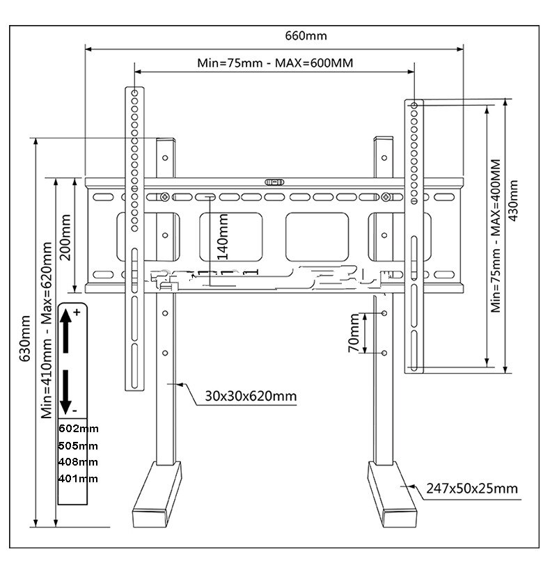 Stort tv -feste heavy duty 60 tommers -75 tommers led lcd stort tv -stativ stativ vesa fra 600 x 400mm to 800 x 500mm maks. lasting 75 kg dsk 780