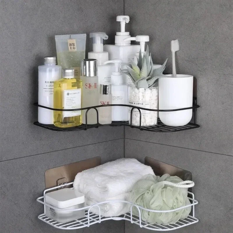 Montado na parede do banheiro prateleira de canto armazenamento ferro chuveiro dreno cesta cosméticos rack shampoo titular organizador do banheiro prateleiras parede