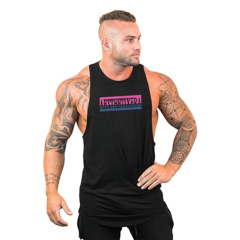 Fitness hengittävät topit miesten rento hihaton o kaula liivi urheiluvaatteet puuvilla miesten kuntosalivaatteet kehonrakennus aluspaita: Musta / M