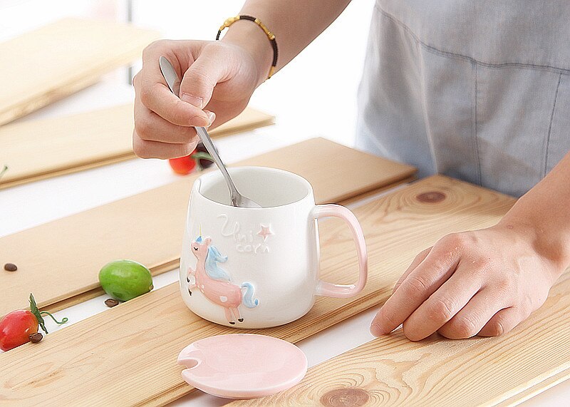Keramisk tegneseriekrus med lågske, personlighed keramisk kaffekop runde enhjørningskrus kaffe te mælkekop drinkware krus