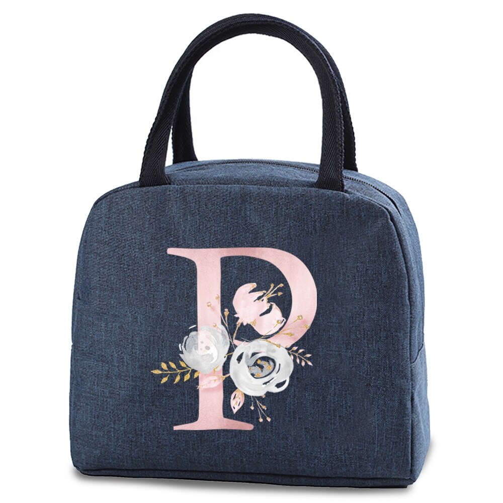 Saco térmico isolado almoço alimentos armazenamento sacos refrigerados zip piquenique tote carta rosa flor impressão fonte a b c d e bolsa: Rosa