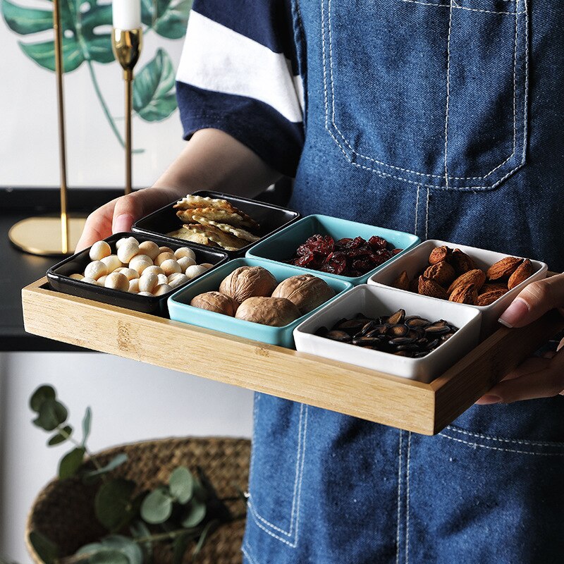 Ceramic Dessert Nut Snacks Plate Bamboo Wood Tray Multi Grid Dessert Plates Multifunction Foods Classify Snack Dishes