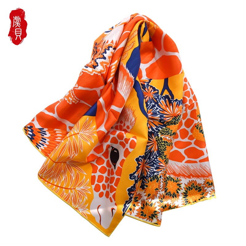 Pañuelo de seda impreso con jirafa para mujer, en azul o naranja, 100% seda auténtica, suave, de gran , cuadrado, chal de para mujer
