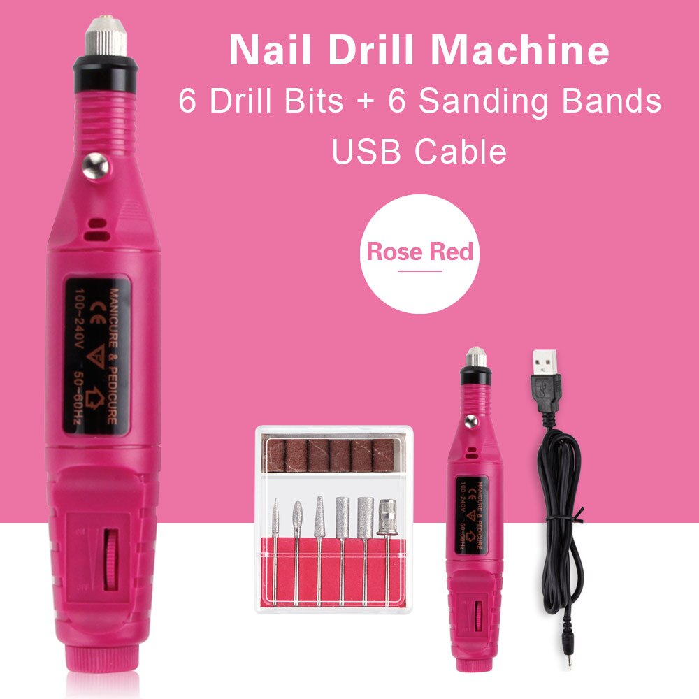 Electric Nail Drill Set Manicure Machine Pedicure Tool 6 Bits Sanding Buffer Apparatus Strong File Pen USB Charging: USB Rose Red
