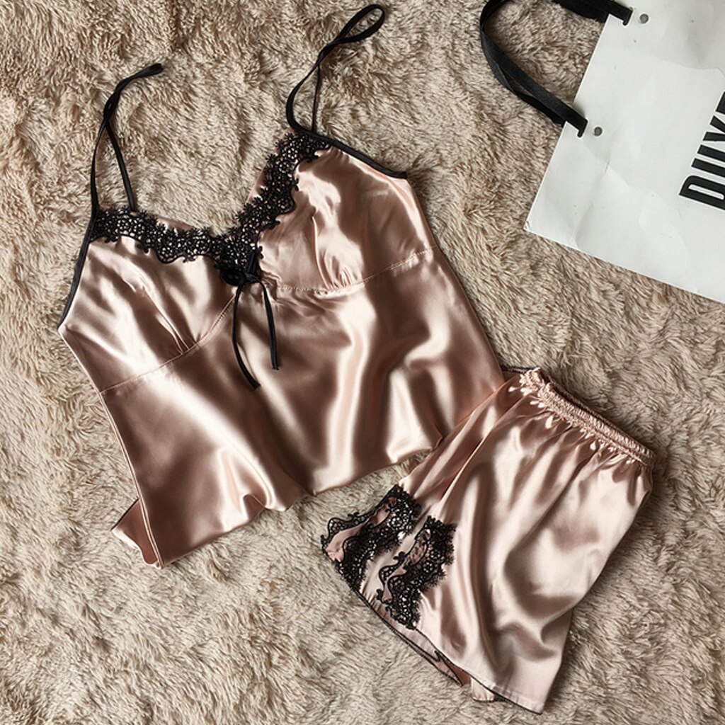 Vrouwen Satijn Zijde Nachtkleding Babydoll Lingerie Nachthemd 2 Pc Set Mode Dames Pyjama Sets: Champagne / M