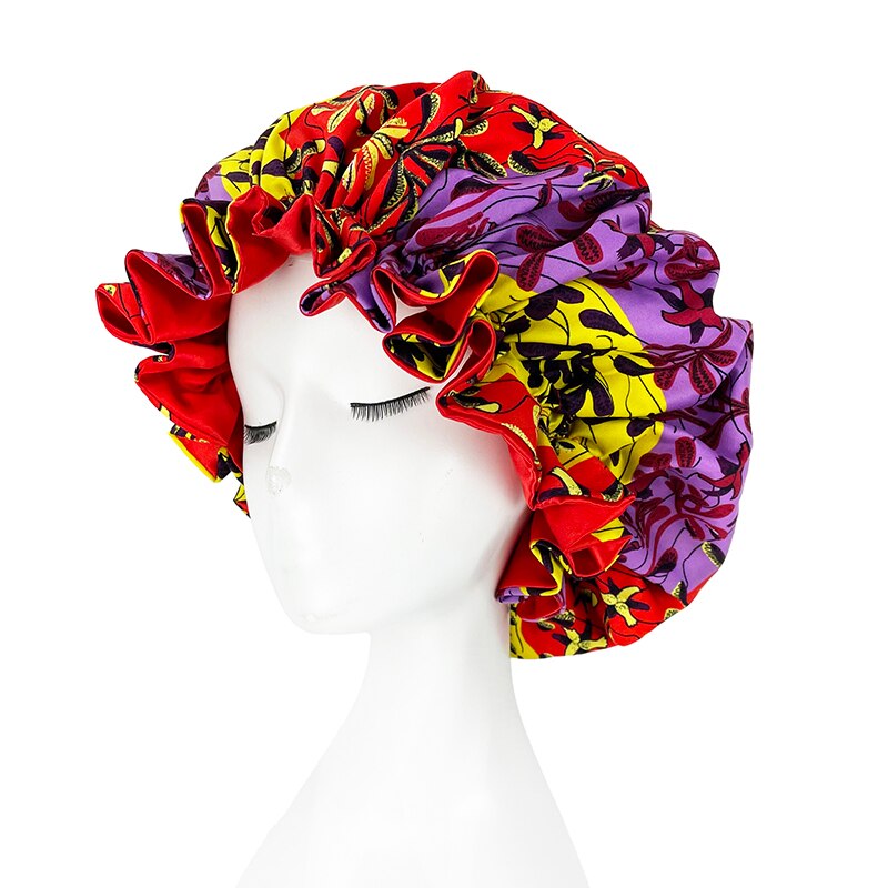 African Pattern Print Bonnet Hijabs Hat Women Night Sleep Cap Double Layer Satin Turban Extra Large Head Wear Lady Head Wrap Hat