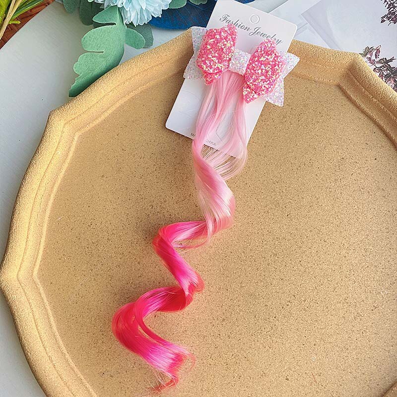 1-2 pz ragazze parrucche colorate coda di cavallo ornamento per capelli principessa fiocchi fasce elastici copricapo treccia regalo per bambini accessori per capelli: 2