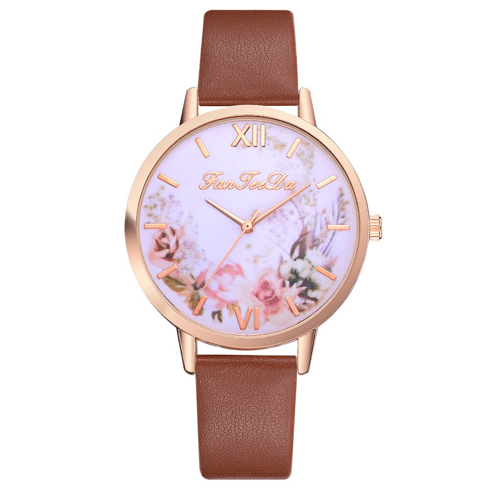 Simple femmes fleur montres Femme dames décontracté en cuir Montre à Quartz Femme horloge Relogio Feminino Montre Femme: Marron