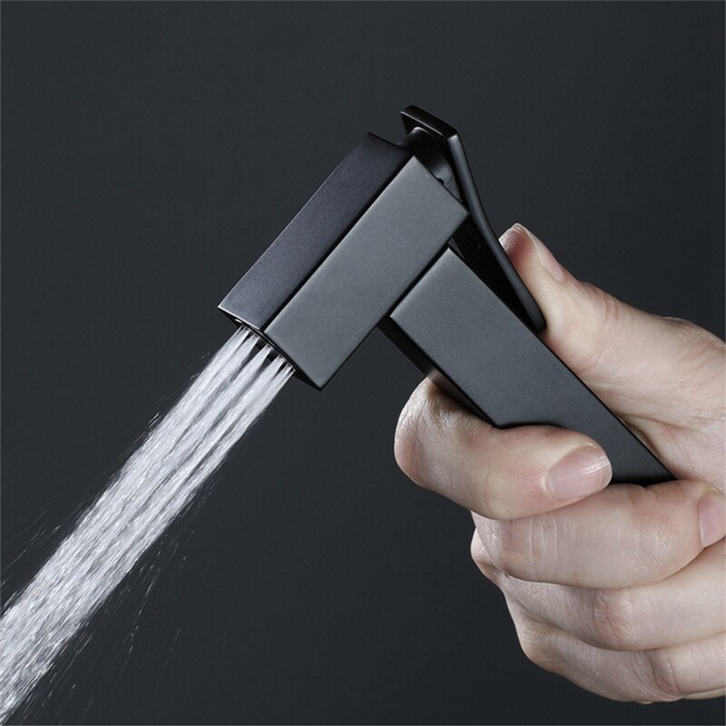 1 Set Handheld Toilet Sprayer Stainless Steel Bathroom Bidet Sprayer Set & 1 Pcs Solid Brass Square Black Bidet Sprayer