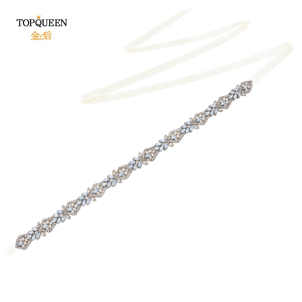 TOPQUEEN-cinturones de novia S485, apliques de cristal de para cinturones de novia, cinturón para vestido de bodas con diamantes de imitación, Ópalo: off white ribbon