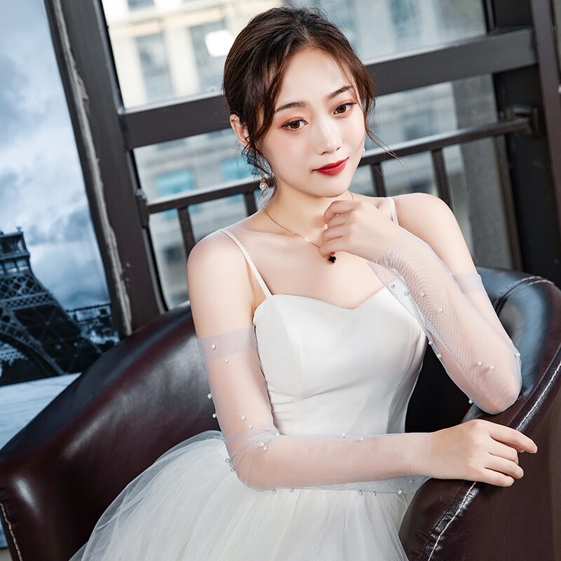 Women Elbow Long Fingerless Wedding Gloves For Bride Pearls Beaded Evening Party Accessories