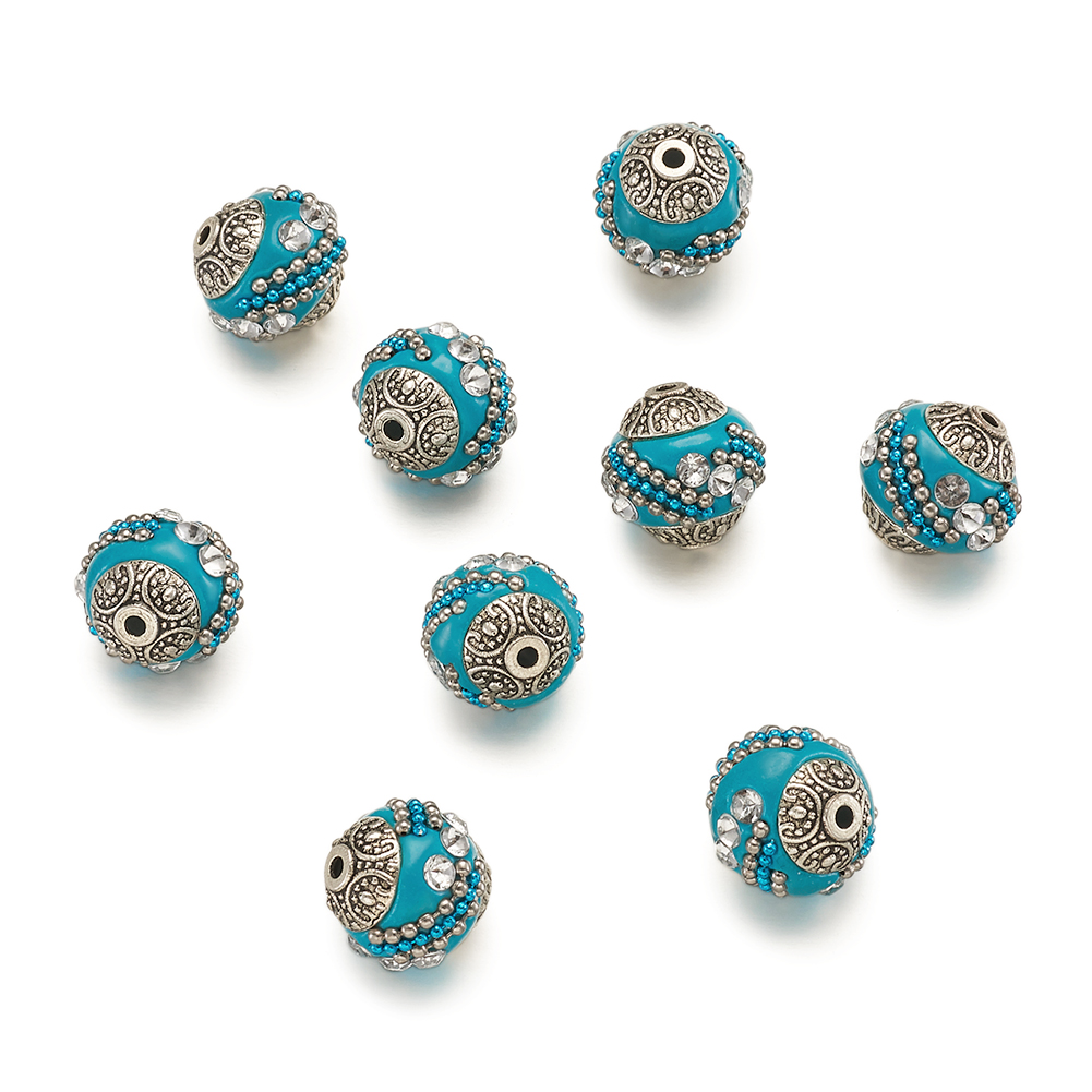 10 peças 14-15mm contas redondas soltas feitas à mão indonésia para fazer jóias pulseira diy com núcleos de liga banhados a prata antiga: Verde