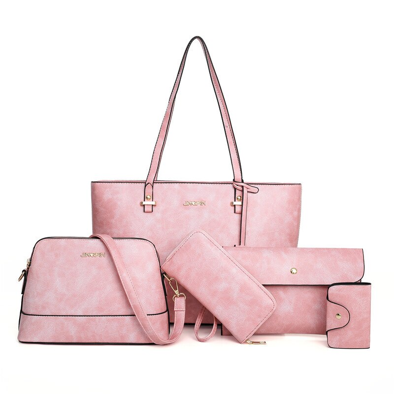 Stijl Vrouwen Tas Mode Retro Lederen Tas Vijf Delige Set Europese En Amerikaanse Draagbare Schoudertas Een stuk Haar: Pink.