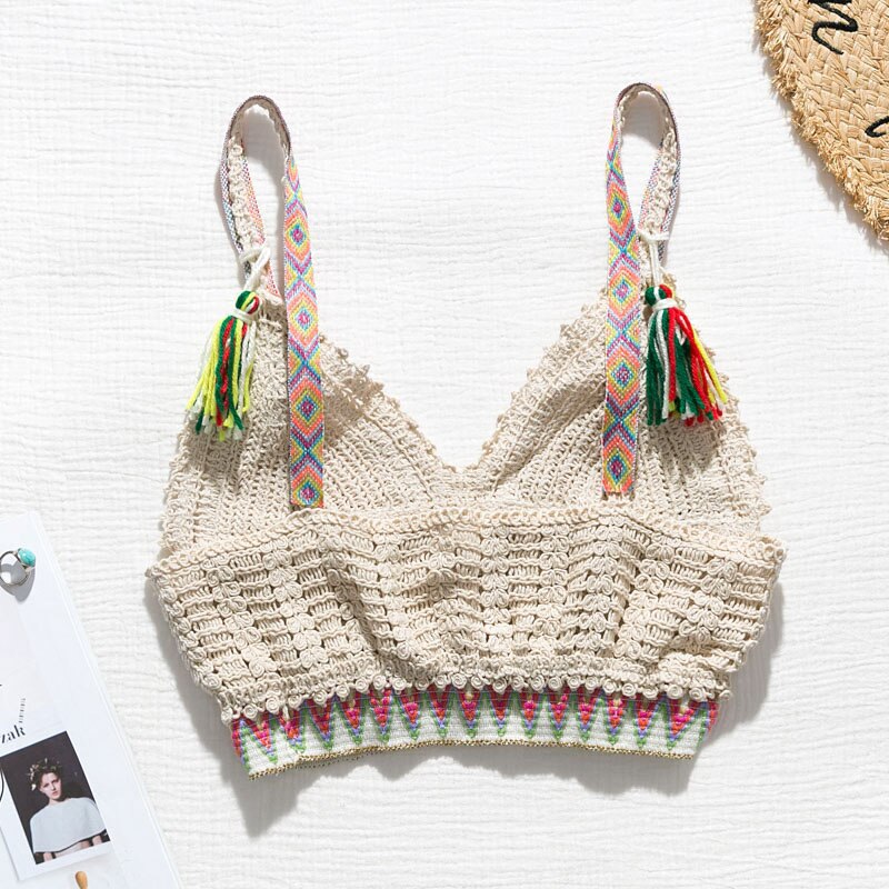 Tofs färgglad bikini sexig virkad baddräkt crop top täcker v-ringad baddräkt strandkläder sommarbadare väver kimono