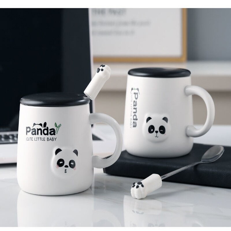 380ml Cartoon Panda Ceramic Mug Glass Cute Couple Cup Coffee Milk Cup Office Cup with Lid Spoon Girl