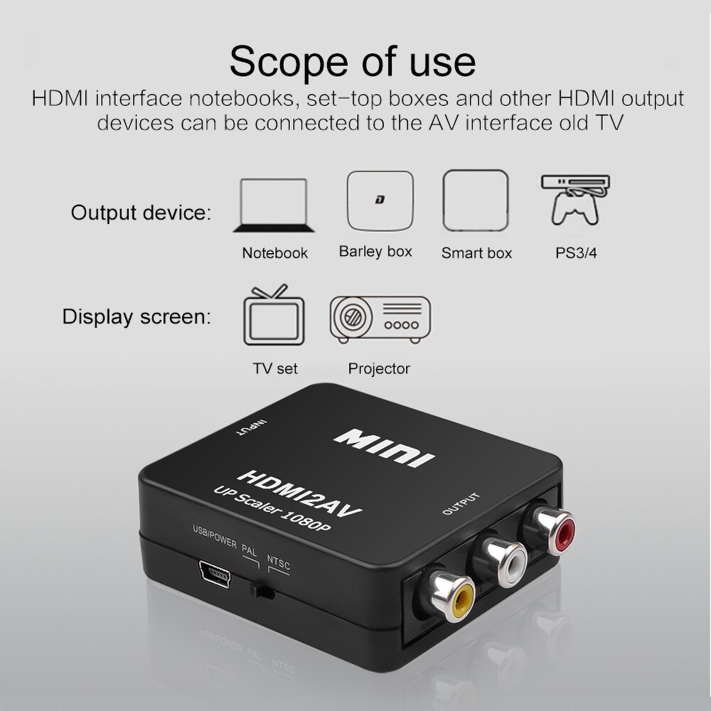Mini hd-videomuunnin hdmi-rca-av cvsb lr-video 1080p hdmi-av-tuki ntsc pal-lähtö hdmi-av-skaalauskytkinsovitin