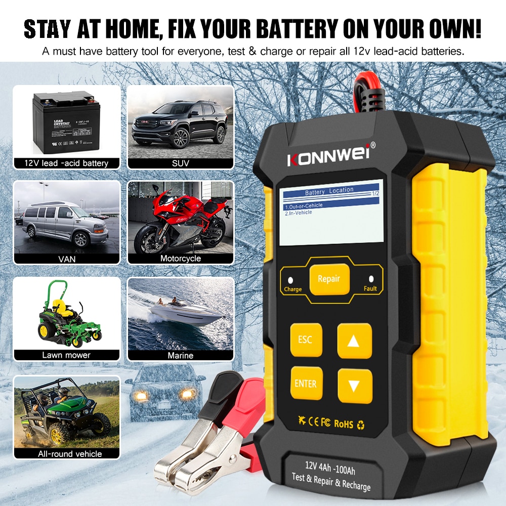 KONNWEI KW510 Car Battery Tester Charger Analyzer Battery Charger 12v Wet Dry Lead Acid Battery Automatic Car Diagnostic Tool