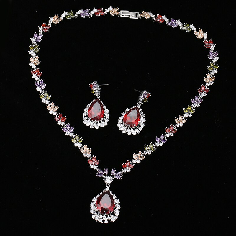 Amc Luxe Grote Rode Water Ketting En Oorbellen Set Zirkoon Bruids Bruiloft Banket Sieraden Accessoires Voor Vrouwen