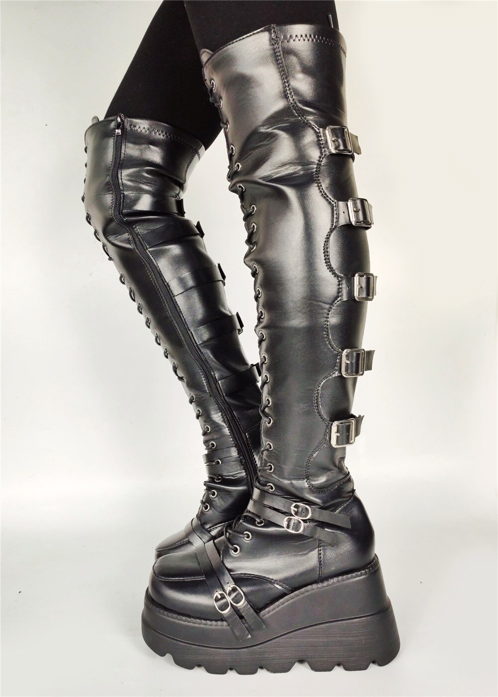 Luxus Neue Damen Hohe Plattform gotisch Über sterben Knie Stiefel Punk Party Oberschenkel Hohe Stiefel Frauen Keile hoch Fersen schuhe Frau