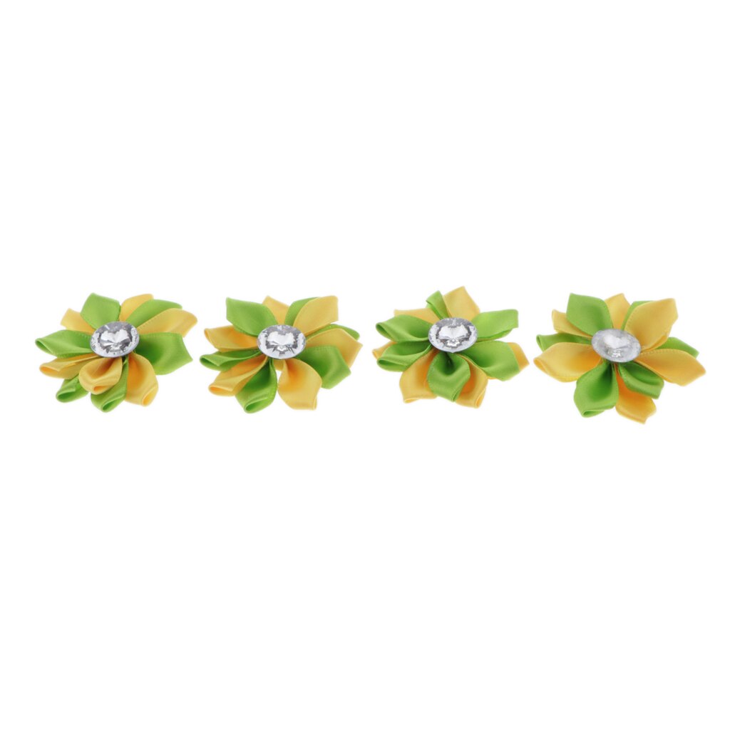 4 Stuks Zijde Satijn Diamante Bloemen Voor Kaart Maken, Haar Accessoire Diy Ambachten: Yellow and Green 