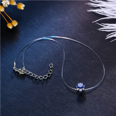 1 Pcs Brightly Colorful Black Pink Blue Circle Zircon Necklace Metal Color Invisible Clavicular Chain Necklace For WomenN26-T2: Blue