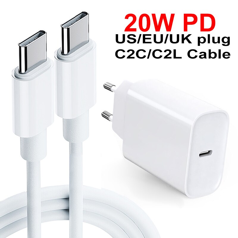 20W PD For Iphone 12 USB-C C2L Cable Power Adapter Charger UK/US/EU Plug Smart Phone Fast Charger for iPhone 12/X/8