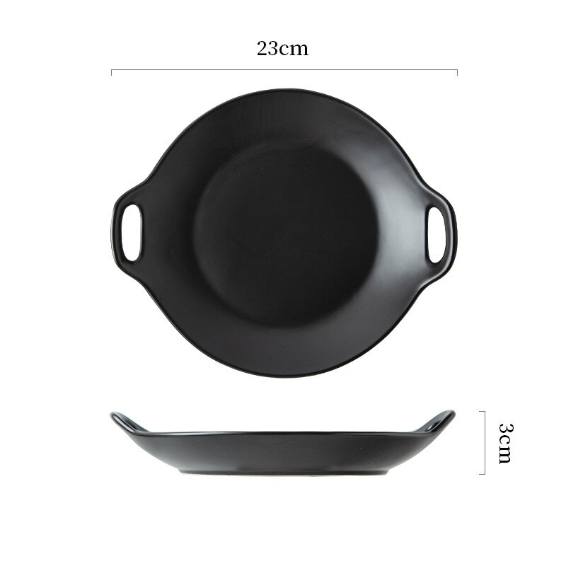 Nordic Matte Ceramic Plate Double Ear Household Plate Dim Sum Baking Plate Red Western Plate Square Plates Set Diner Plate: Black Circular Disk