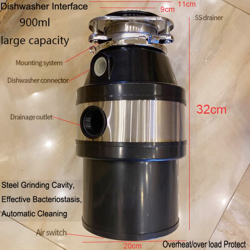 Food Waste Disposer 370W Food Residue Garbage Processor Sewer Rubbish Disposal Crusher Grinder Kitchen Sink Appliance