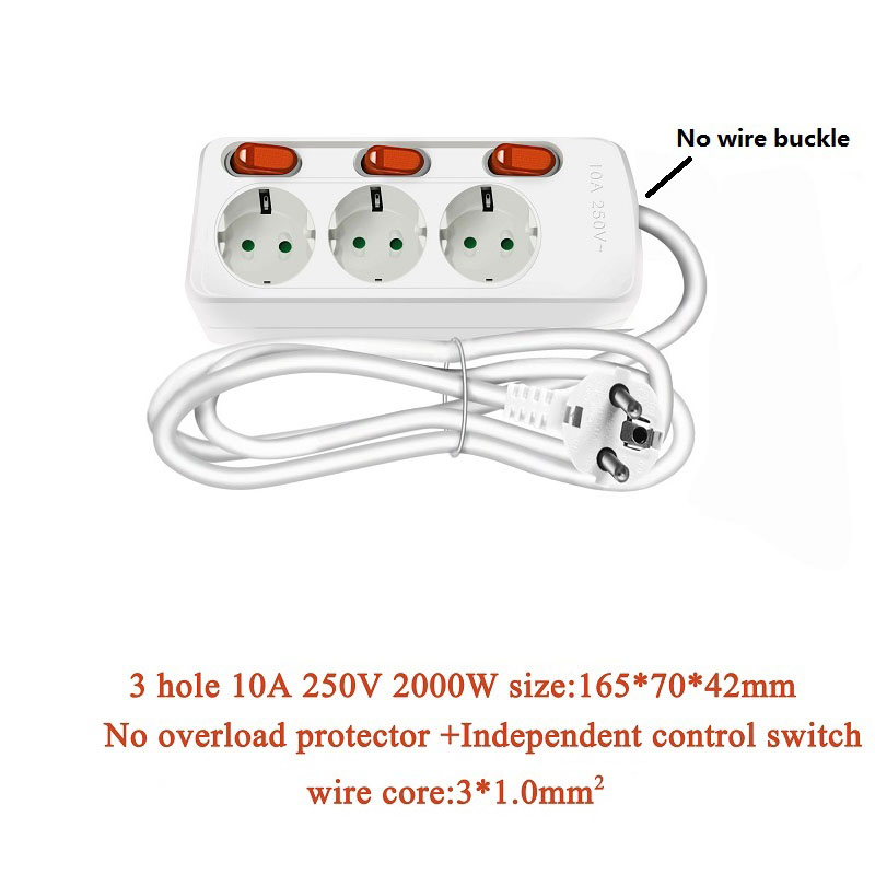 EU PLUG 1.5/2.5m 2/3/6 Extension Socket 250V 10A/16A Individually Switched Power Strip 3AC 2USB Outlets Charger Adapter Socket: EU PLUG L1.5M / 3 SOCKET NO USB
