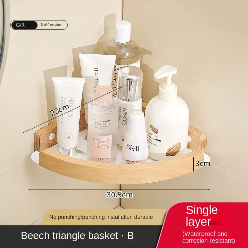 Oppbevaring av dusjhjørne, oppbevaringshyller til bad, hjørnestativ til bad på vegg, baderomshylle uten boring, husholdningsartikler: Lysegrå