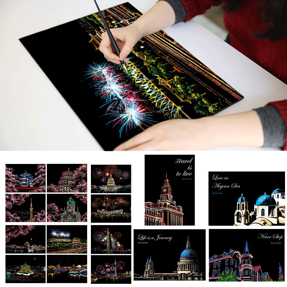 1Set 4pcs Scraping Painting Diy Scratch Art Paper Painting Paper Scraping Suit Children Hand Painted Tabletop Ornament Souvenir