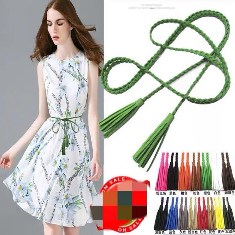 Hand-knit Long Pu Leather Braid Belt String Band with Tassel Casual Partty Dress Belts for Women Girl