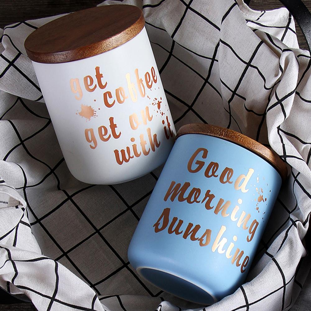 Nordic Style Ceramic Storage Bottle Jar For Spices Wood Lid Cans Kitchen Coffee Tea Candy Cane Container Cans For Storage Box
