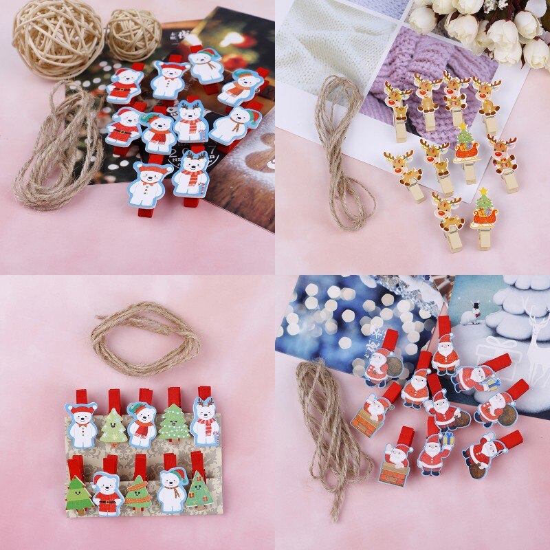 10Pcs/set Red Christmas Santa Claus Wood Clips Mini Wooden Clothes Photo Paper Peg Pin Clothespin Craft Clips With Rope