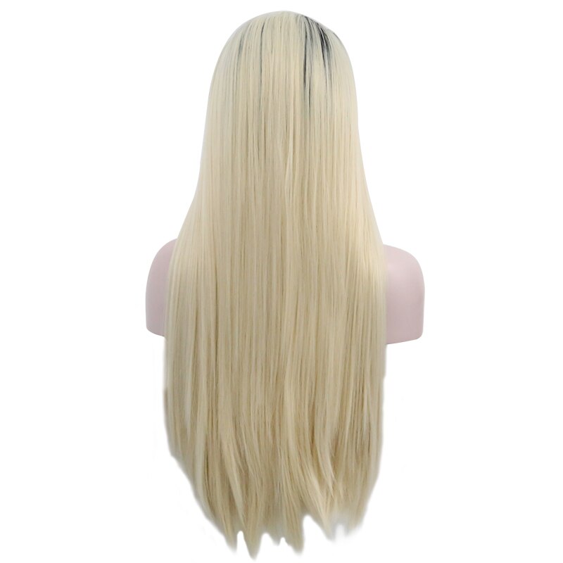 Joy & beauty 28 "mão amarrada raízes escuras ao cabelo loiro ombre fibra de alta temperatura reta sem cola peruca de fron sintético do laço