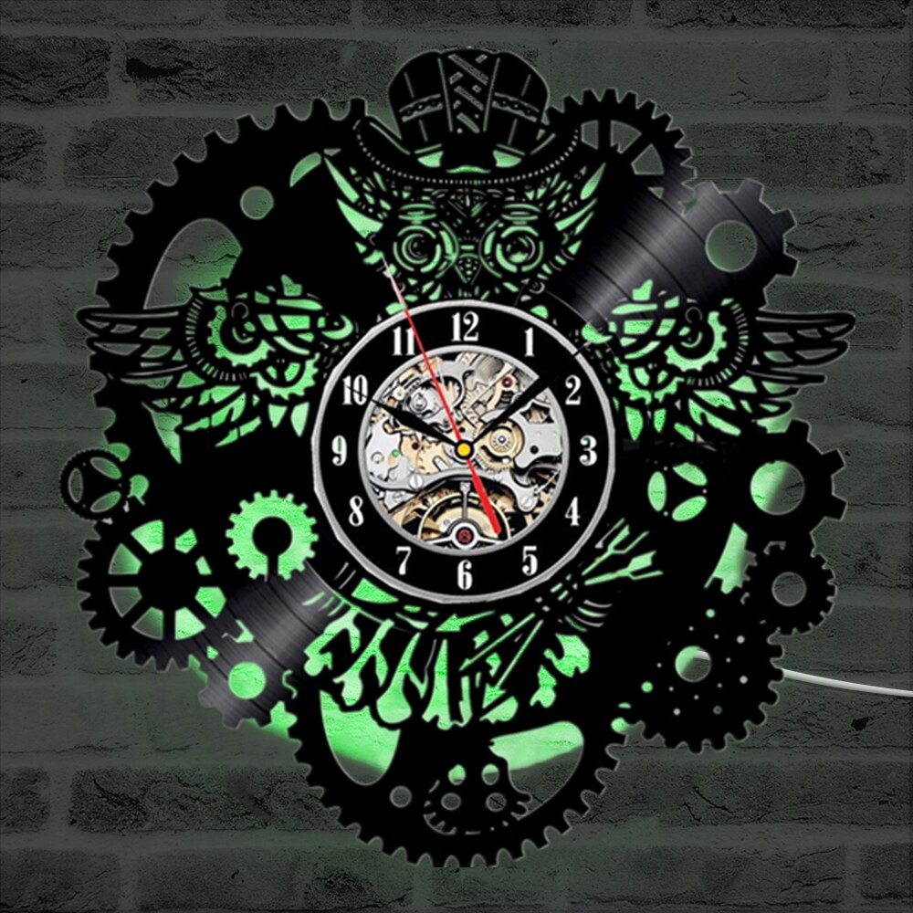 Owl Vinyl Record Wall Clock Gear Cogs Night Owl Steampunk LED Wall Clock Home Decor Cogwheels Animal Wall Watch Modern