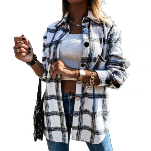 Dames stijlvolle omslagkraag zakken jas geruite knopen lang overhemd jas: Beige / S