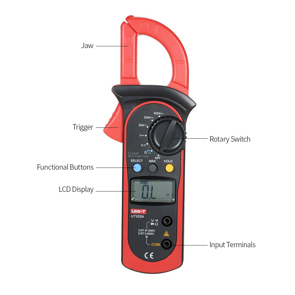 UNI- T UT202A Mini Digital LCD Handheld Clamp Multimeter Voltmeter Ammeter Ohmmeter AC Voltage Current Resistance Tester