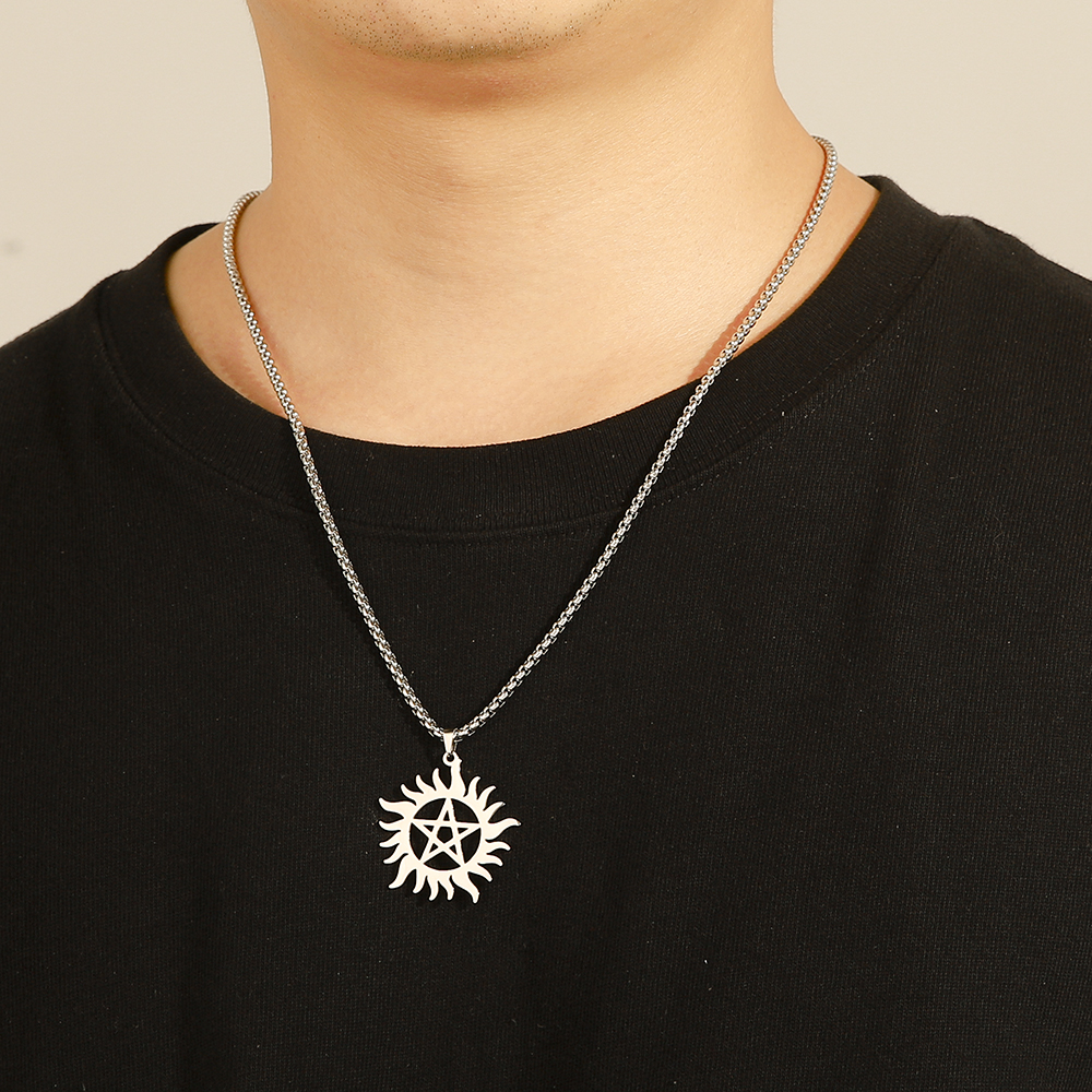COOLTIME Supernatural Sun Pentagram Pendant Necklace for Women Men Stainless Steel Hollow Star Box Chain Necklaces Couple